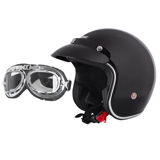 Kask motocyklowy chopper W-TEC z goglami Ageless - Kolor Czarny błyszczący, Rozmiar L (59-60)