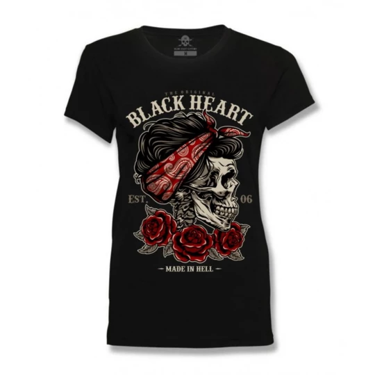 Damski T-shirt, koszulka BLACK HEART Pin Up Skull - Kolor Czarny, Rozmiar M