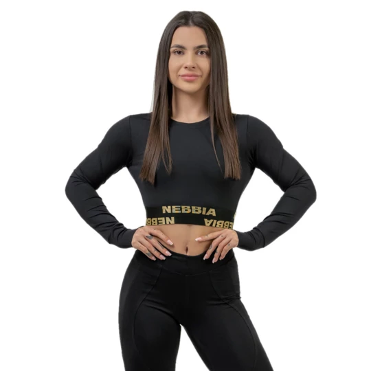 Damski krótki top z długim rękawem Nebbia INTENSE Perform 839 - Kolor Black/Gold, Rozmiar XS