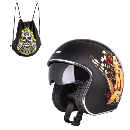 Kask motocyklowy otwarty z blendą W-TEC Black Heart chopper V537 - Kolor Hot Rod Angel, czarny połysk, Rozmiar S (55-56)