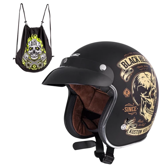 Kask motocyklowy otwarty chopper W-TEC Black Heart Kustom - Kolor Skull Horn, matowy czarny, Rozmiar XS (53-54)