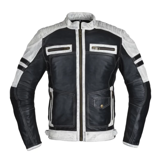 Męska skórzana kurtka motocyklowa W-TEC Esbiker - Kolor black with white stripes, Rozmiar S